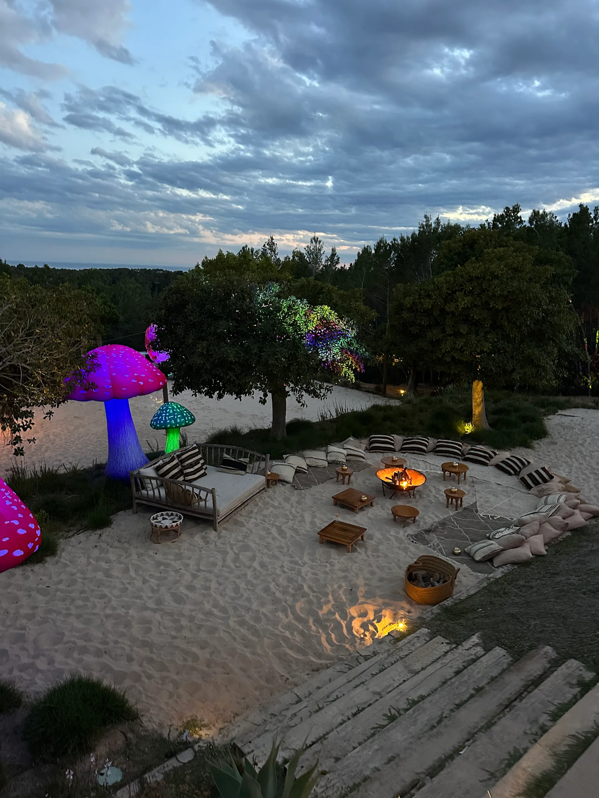 Private event setup at a luxury Ibiza villa — ambient lighting and terrace decoration